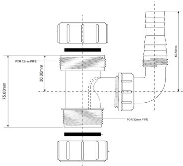Preview: Technische Zeichnung eines Waschgeräteanschlusses aus Kunststoff in Weiß mit zwei Quetschverschraubungen, zwei Überwurfmuttern 1 1/4 Zoll, 90-Grad-Winkelanschluss und Anschluss für Rohrdurchmesser Ø 32 mm